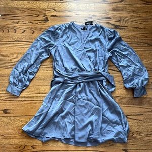 Express | Satin tie waist long sleeve mini dress. Grey/Blue color.